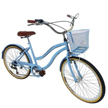 Imagem de Bicicleta Feminina Aro 26 Retrô Vintage 6V C/ Cestinha Azul - Maria Cl