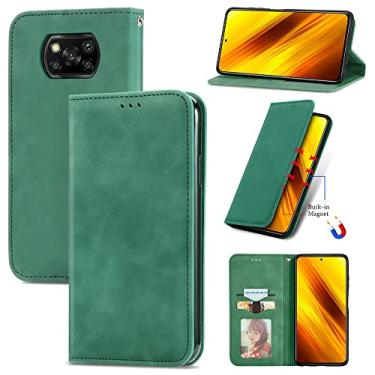 Imagem de Capas de telefone magnéticas com sensação de pele compatíveis com Xiaomi Poco X3 NFC capa de couro slots de cartão de visita de luxo clipe de carteira à prova de choque (verde, Xiaomi Poco X3 NFC)