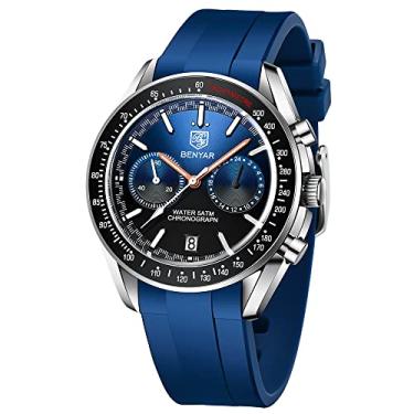 Imagem de BY BENYAR - Relógio analógico de quartzo com cronógrafo para homens, relógio masculino à prova d'água de 50 m, pulseira de borracha genuína de aço inoxidável, Borracha azul, Relógio