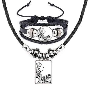 Imagem de Lindo conjunto de joias de couro com silhueta feminina de cabelo cacheado longo