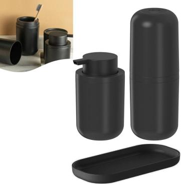 Imagem de Kit Dispenser Porta Sabonete Líquido Suporte Escova Creme Dental Bandeja Pia Preto Bold KTE 129 Ou