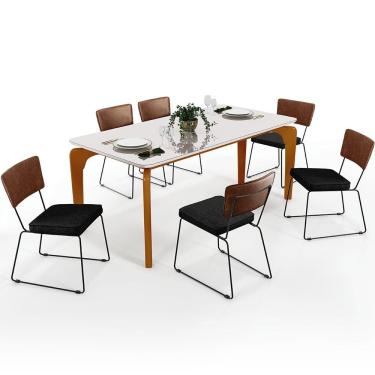 Imagem de Mesa Capri 160cm Off White Com 6 Cadeiras Allana B05 Couríssimo Marrom Linho Chumbo - Lyam Decor