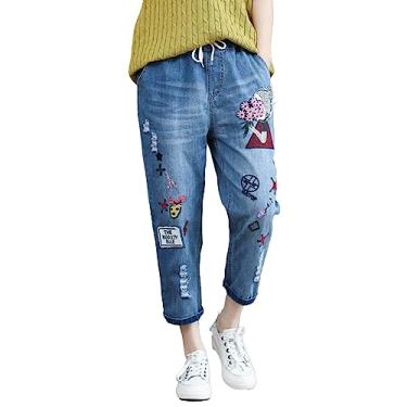 Imagem de Calça jeans feminina casual confortável bordado literário elástico cintura alta corte calça jeans tamanho 16 calças para mulheres, rosa, M