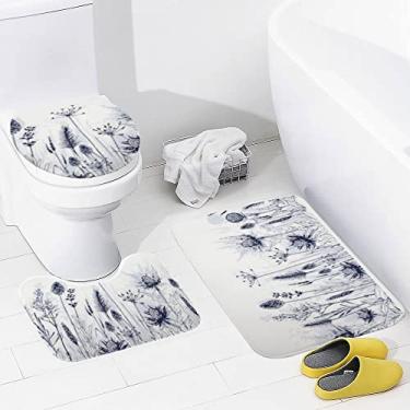 Imagem de Conjunto de 3 peças de tapetes de banheiro com flores de cardos azuis e ervas, tapete antiderrapante, tapete de contorno e tampa para banheiro