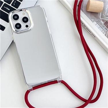 Imagem de Correia Cordão Corrente Colar Fita Estojo De Telefone Para iPhone 14 13 12 11 Pro Max 14Plus Espelho Acrílico À Prova De Choque Tampa Traseira TPU, Vinho Tinto, Para iPhone 13 Pro