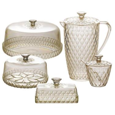 Imagem de Kit boleira baixa, queijeira, açucareiro, manteigueira e jarra de plástico Cristal âmbar Plasutil