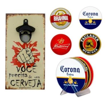 Imagem de Abridor de Garrafas Cerveja + Kit 4 Porta Copos Com Suporte