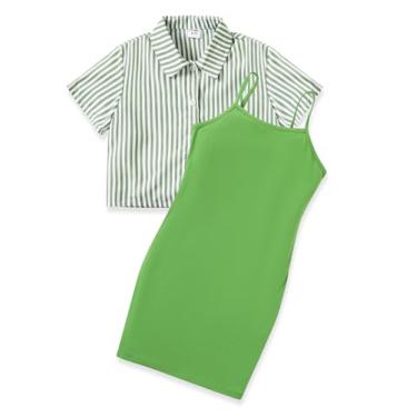 Imagem de PATPAT Vestido feminino de 2 peças, vestidos e blusa de botão cropped para 5 a 12 anos, Verde, 6-7 Anos