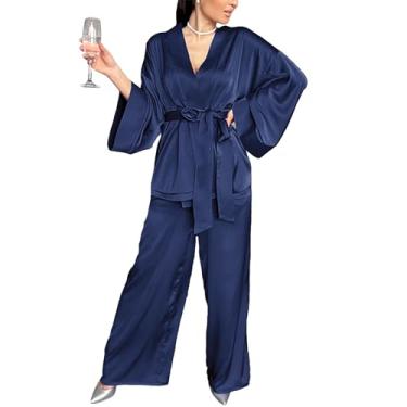 Imagem de Pijamas de cetim Mulheres manga longa gelo seda Pjs para mulheres conjunto de duas peças loungewear roupa de dormir,Blue,M