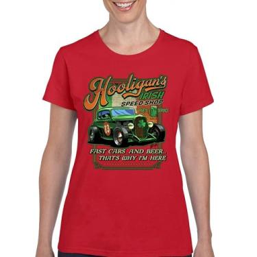 Imagem de Camiseta feminina Hooligan's Irish Speed Shop Dia de São Patrício Vintage Hot Rod Shamrock St Patty's Beer Festival, Vermelho, 3G