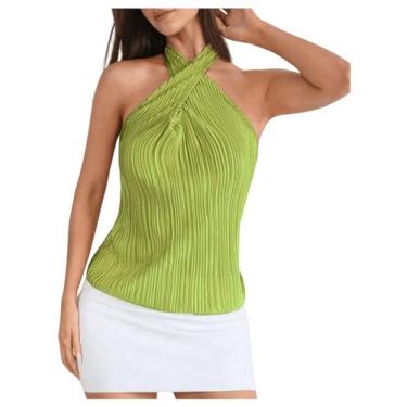 Imagem de OYOANGLE Camisetas femininas texturizadas, cruzadas, gola única, ombros de fora, sem mangas, Verde, P