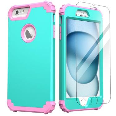 Imagem de IDweel Capa para iPhone 6S Plus com protetor de tela (vidro temperado), capa para iPhone 6 Plus, 3 em 1, à prova de choque, fina, híbrida, resistente, capa de policarbonato de silicone macio, capa de corpo inteiro, verde menta/rosa