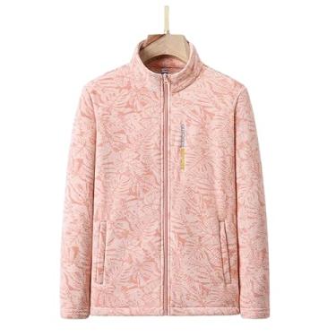 Imagem de LUBOSE Jaqueta feminina quente com capuz, jaqueta quente fina e manga comprida, jaqueta feminina com zíper completo, casaco casual feminino (G, estampa rosa)