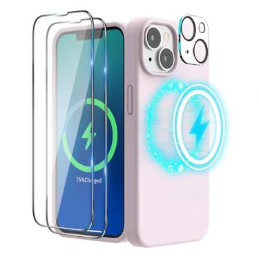 Imagem de SURPHY (4 em 1) Capa projetada para iPhone 14 Plus compatível com MagSafe (6,7 polegadas, 2022), com 2 unidades de protetor de tela + capa de câmera, capa de telefone de silicone líquido (rosa chakl)