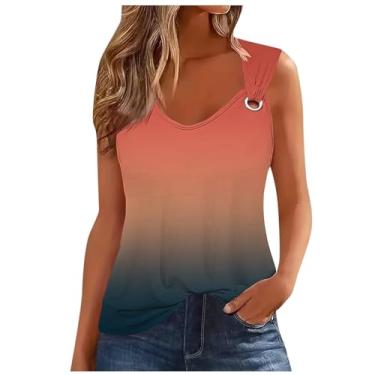 Imagem de Lainuyoah Camisetas femininas sem mangas casuais de verão com alça redonda e gola entalhada, casual, colorblock gradiente, moderna, F-laranja, G