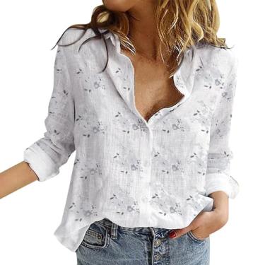 Imagem de Camisetas femininas de linho com estampa floral, verão, casual, gola de lapela, gola V, manga comprida, blusa de botão, Branco, P
