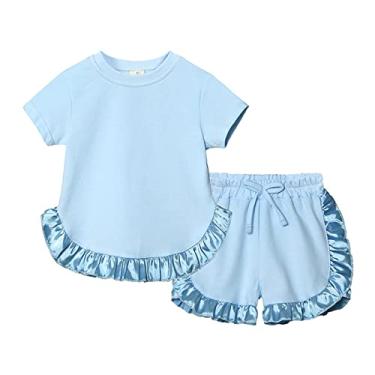 Imagem de Roupas para meninas de 2 a 3 anos para bebês meninas primavera verão camiseta de algodão sólido manga curta com babados, roupas, Azul, 5-6 Anos