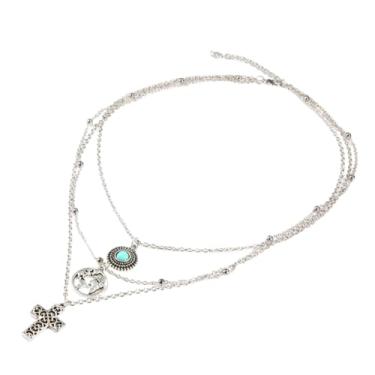 Imagem de LRGKMCWTOB 3 peças, cruz, turquesa, mapa, três colares de prata, colar de cruz simples, de aço inoxidável, prata, colar com pingente de cruz simples, boêmio, turquesa, gargantilha azul com pingente de