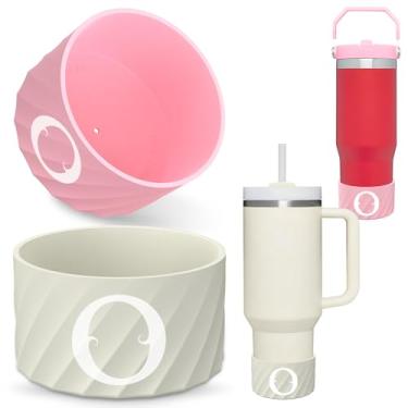 Imagem de Bota inicial de silicone para Stanley Cup Quencher IceFlow - Protetor de manga inferior de borracha personalizado para acessórios de copo Stanley HydroFlask, simples moderno, Owala - bege e rosa O