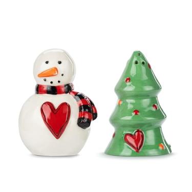 Imagem de DEMDACO Heartful Home Holiday Verde, branco, vermelho, 7,6 x 5,8 cm, decoração decorativa de mesa ou bancada, saleiro e pimenteiro, conjunto de 2 peças, boneco de neve, árvore