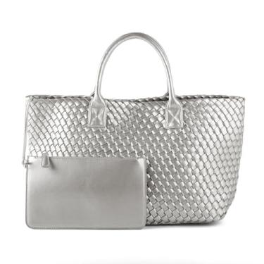 Imagem de RHEBER Bolsa feminina de couro vegano, retrô, feita à mão, bolsa de viagem, bolsa Hobo de grande capacidade com bolsa, Prata, Large