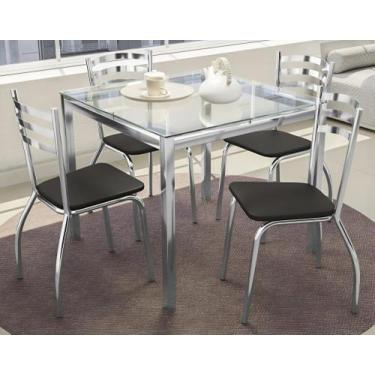 Imagem de Mesa Com 4 Cadeiras Sala de Jantar Tampo de Vidro Metal Cromado Preto 