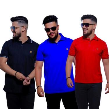 Imagem de Kit 3 Camisas Gola Polo Bordado Tecido Fio 30.1 100% Algodão - RS, M