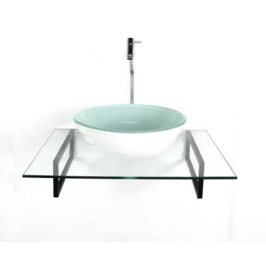 Imagem de Kit cuba de vidro redonda branca com tampo 60cm incolor e suporte pret