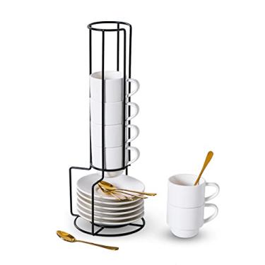 Imagem de Lareina Copos de café expresso empilháveis de porcelana com pires, colheres e suporte de metal, 85 g, conjunto de 6 xícaras de café - canecas de cerâmica Demitasse, branco