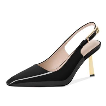 Imagem de Joseywade Slingback Heels Sapatos femininos de salto dourado fechado bico quadrado salto alto stiletto sapato social fivela de metal, Preto envernizado., 40