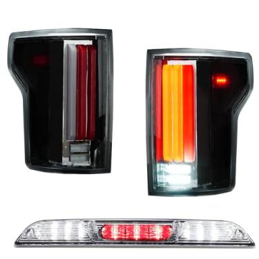 Imagem de (Pacote com 3) Conjunto de luz traseira de LED + 3ª luz de freio para Ford F150 2015-2020 [modelos incandescentes], luzes traseiras dinâmicas + luz de parada de montagem alta sem ponto cego, lente