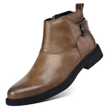 Imagem de QLPOU Bota Chelsea masculina de couro genuíno com bico fino, fivela ajustável, zíper interno, botas de cano baixo, casual, formal, Marrom, 39