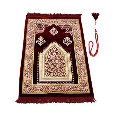 Imagem de Tapete de oração muçulmano TB, islâmico, tapete de veludo para presente do Ramadã, com contas de oração, decoração exclusiva, dourado, bordado para mulheres, homens, crianças, meditação, turco