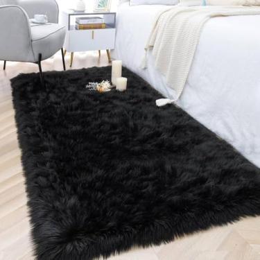 Imagem de Tapete de pele sintética, tapetes fofos para quarto, tapetes laváveis de 3x5 pés, tapete de pele de carneiro para quarto de crianças, meninos e meninas, preto, 90X150CM 3x5 pés