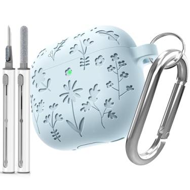 Imagem de DamonLight Capa Flora gravada para AirPods 4 com cancelamento ativo de ruído, capa protetora de silicone macio à prova de choque com caneta de limpeza e chaveiro para Apple Airpods 4ª geração (azul