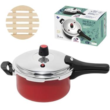 Imagem de Panela de Pressão 3 Litros Antiaderente Fechamento Externo + Descanso de Panela Redondo Madeira 14,5cm
