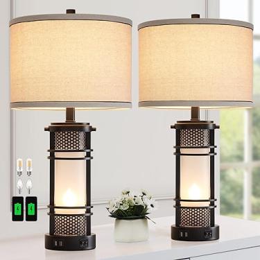 Imagem de AIEAMPDO Conjunto De 2 Luminárias De Mesa Modernas Para Sala De Estar, Luminária De Mesa De Cabeceira Contemporânea Com Porta Usb Dupla, Luminárias De Cabeceira Com Luz Noturna De Vidro Fosco Branco