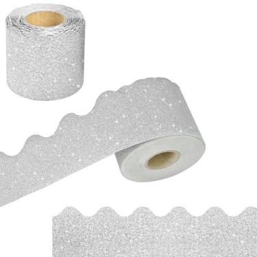 Imagem de Adesivos de bordas de boletim com acabamento de 1,8 m, acabamentos de borda decorativos brilhantes, bordas recortadas, para festas de sala de aula, tiras de decoração de sala de aula (slivery)