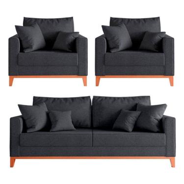 Imagem de Kit Sofá 2 Lugares E 2 Poltronas Beny Com Base De Madeira Linho Grafite