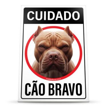Imagem de Placa Sinalização Cuidado Pitbull Amarelo Marrom Cão Bravo 20x30cm - L