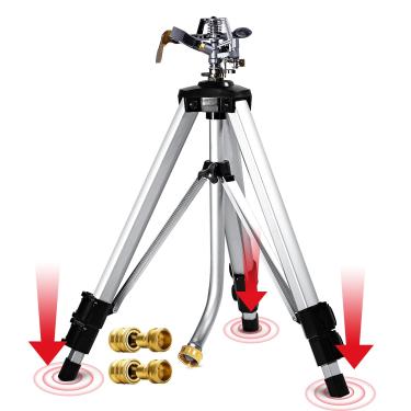 Imagem de YAMATIC Aspersor de impacto na base de tripé ajustável, área grande de 360 graus, com conexões de conexão rápida de rosca de 3/10.2 cm, aspersor pulsador resistente para gramado e grama, spray de até