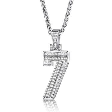 Imagem de GOLDCHIC JEWELRY Colar com números para homens, colar de corrente com números brilhantes hip hop simulado com pingente de diamante com corrente de tênis corrente Spiga, 56+5cm(22''+2''), Banhado a platina, Zircão