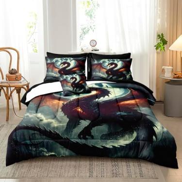 Imagem de Bedbay Jogo de edredom Queen com dragão voador, lua e galáxia, microfibra macia, conjunto de edredom Queen com lençol com lençol de cima para meninos e meninas, adolescentes, adultos, animais míticos
