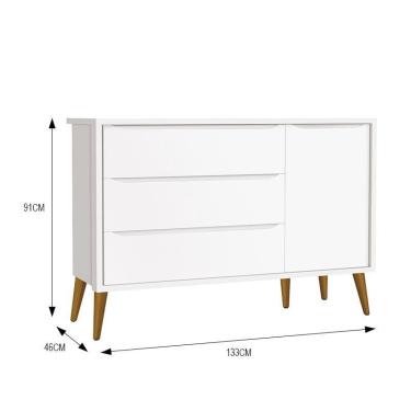 Imagem de Cômoda Infantil 1 Porta e 3 Gavetas Theo Retrô com Pés Amadeirado - Reller Móveis Branco Fosco
