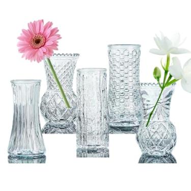Imagem de EylKoi Conjunto de 5 vasos transparentes para centros de mesa decorativos, vintage em relevo em cristal texturizado fofo, decoração de casamento mini vaso floral para casamento rústico, mesa de casa