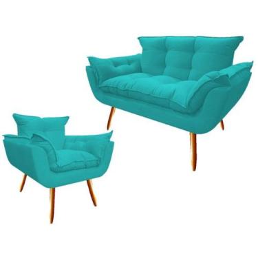 Imagem de Kit Namoradeira + Poltrona Decorativa Opala Suede Azul Turquesa Pés Ma