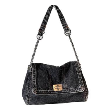Imagem de KlaOYer Bolsa de ombro jeans feminina bolsa jeans alça de corrente ajustável bolsas transversais Y2k bolsa Hobo moderna bolsa bolsa bolsa de mão, Preto, Medium (13.7 x 8.6 x 4.2 inches), Bolsa de