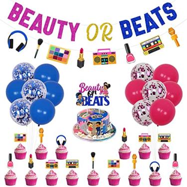 Imagem de Kit de decorações de revelação de gênero divertido da Beauty or Beats – faixas de beleza ou batidas, enfeites de bolo e cupcake para anos 80, 90, hip hop, artigos de chá de bebê, rosa choque e azul