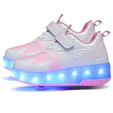 Imagem de GIMKOUNN Tênis de patins para meninas, recarregável, USB, 2 rodas, patins para iniciantes com 16 modos, luz LED, piscando, unissex, infantil, skate, meninos, estilosos, presentes, rosa, 18