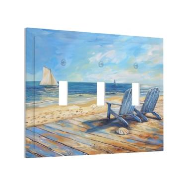 Imagem de Xuejiaku Placa de cobertura para interruptor de luz, cadeira de praia, mar, pintura a óleo, veleiro, oceano, placa de parede de 3 grupos, placa de interruptor de luz tripla, capas de tomada